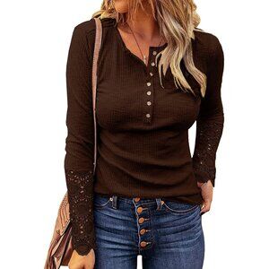 Women's Long Sleeve Lace V Neck Button Down Blouse Plus Size Stylish